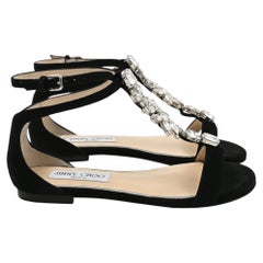 Jimmy Choo Averie Embellished T-Strap Sandals in Black Suede