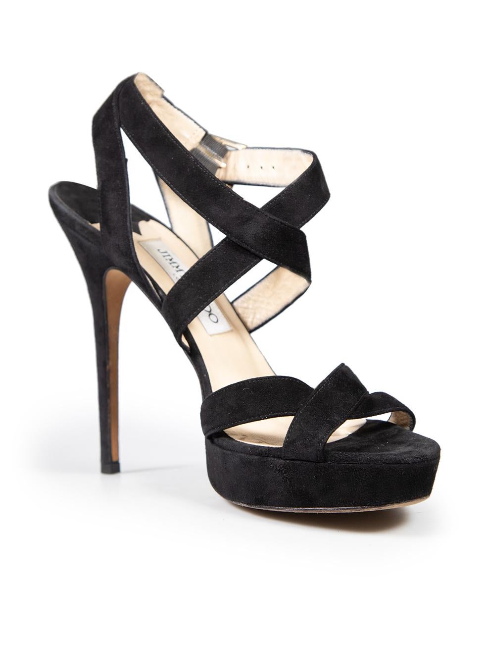 CONDITION is Very good. Minimal wear to the heels is evident. Abrasion to all areas of the shoe and in sole on both shoes on this used Jimmy Choo designer resale item.
 
 Details
 
 
 Black¬†
 
 Suede
 
 Sandals
 
 Strappy
 
 Platform
 
 Ankle strap