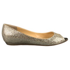 JIMMY CHOO Beck Size 7.5 Champagne Canvas Metallic Peep Toe Flats