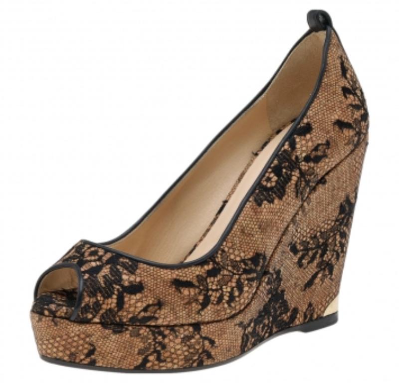 Jimmy Choo Bombas Peep Toe con plataforma de corcho y encaje beige/negro Tamaño 38 en venta 1