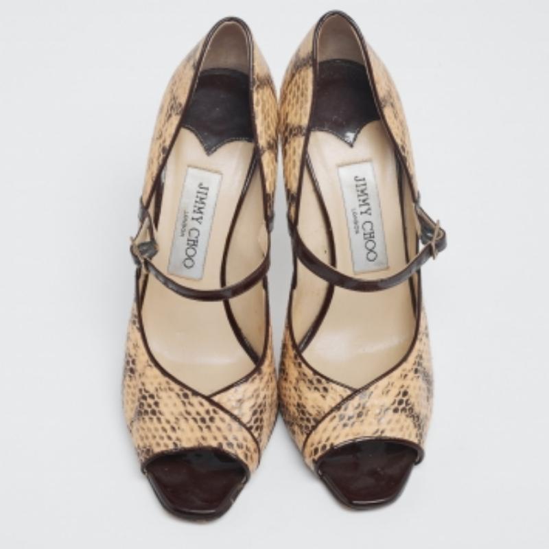 Jimmy Choo Beige/Black Python Leather Mary Jane Peep Toe Pumps Size 38.5 In Good Condition For Sale In Dubai, Al Qouz 2