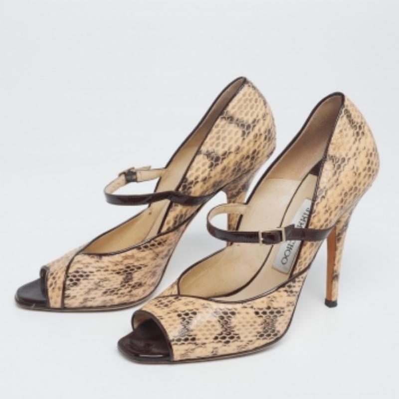 Women's Jimmy Choo Beige/Black Python Leather Mary Jane Peep Toe Pumps Size 38.5 For Sale
