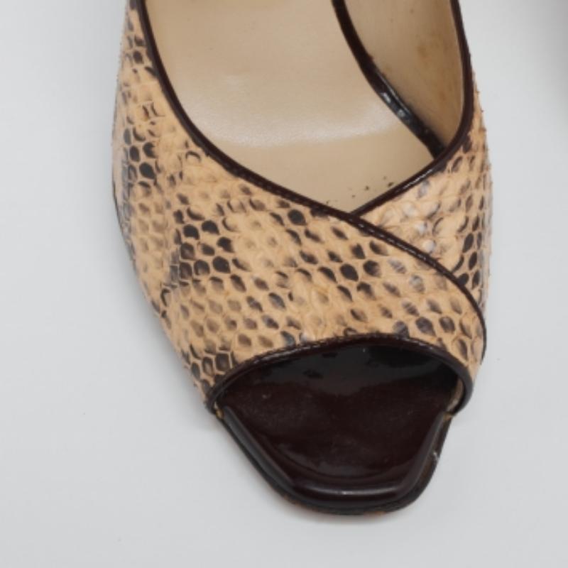 Jimmy Choo Beige/Black Python Leather Mary Jane Peep Toe Pumps Size 38.5 For Sale 1