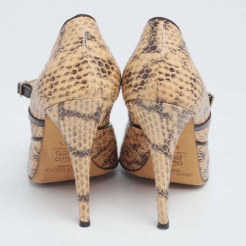 Jimmy Choo Beige/Black Python Leather Mary Jane Peep Toe Pumps Size 38.5 For Sale 3