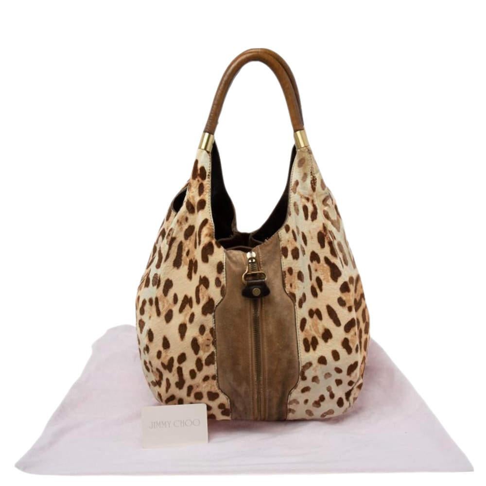 Jimmy Choo Beige/Brown Leopard Print Calf Hair and Suede Mandah Expandable Hobo For Sale 9