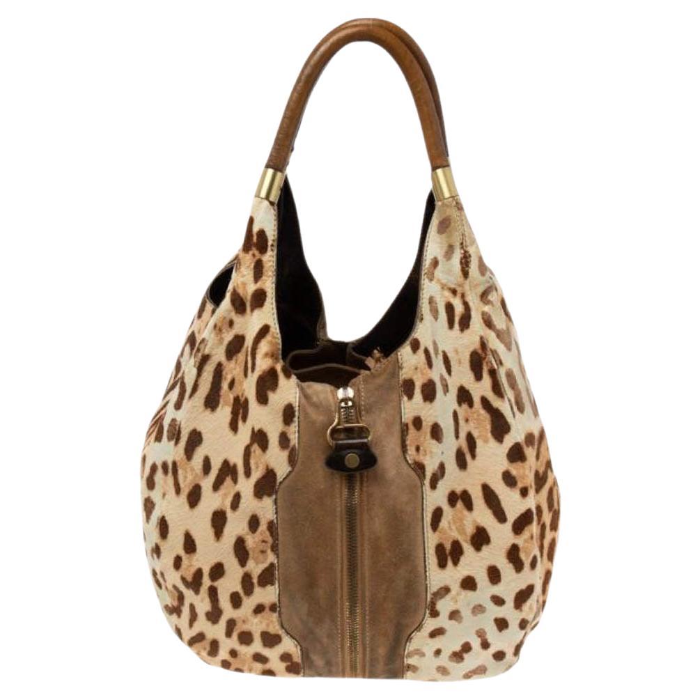 Jimmy Choo Beige/Brown Leopard Print Calf Hair and Suede Mandah Expandable Hobo For Sale