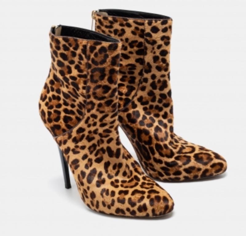 Jimmy Choo Beige/Brown Leopard Print Calf Hair Ankle Booties Size 37.5 For Sale 2