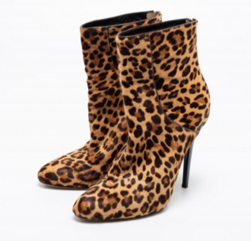 Jimmy Choo Beige/Brown Leopard Print Calf Hair Ankle Booties Size 37.5 For Sale 4