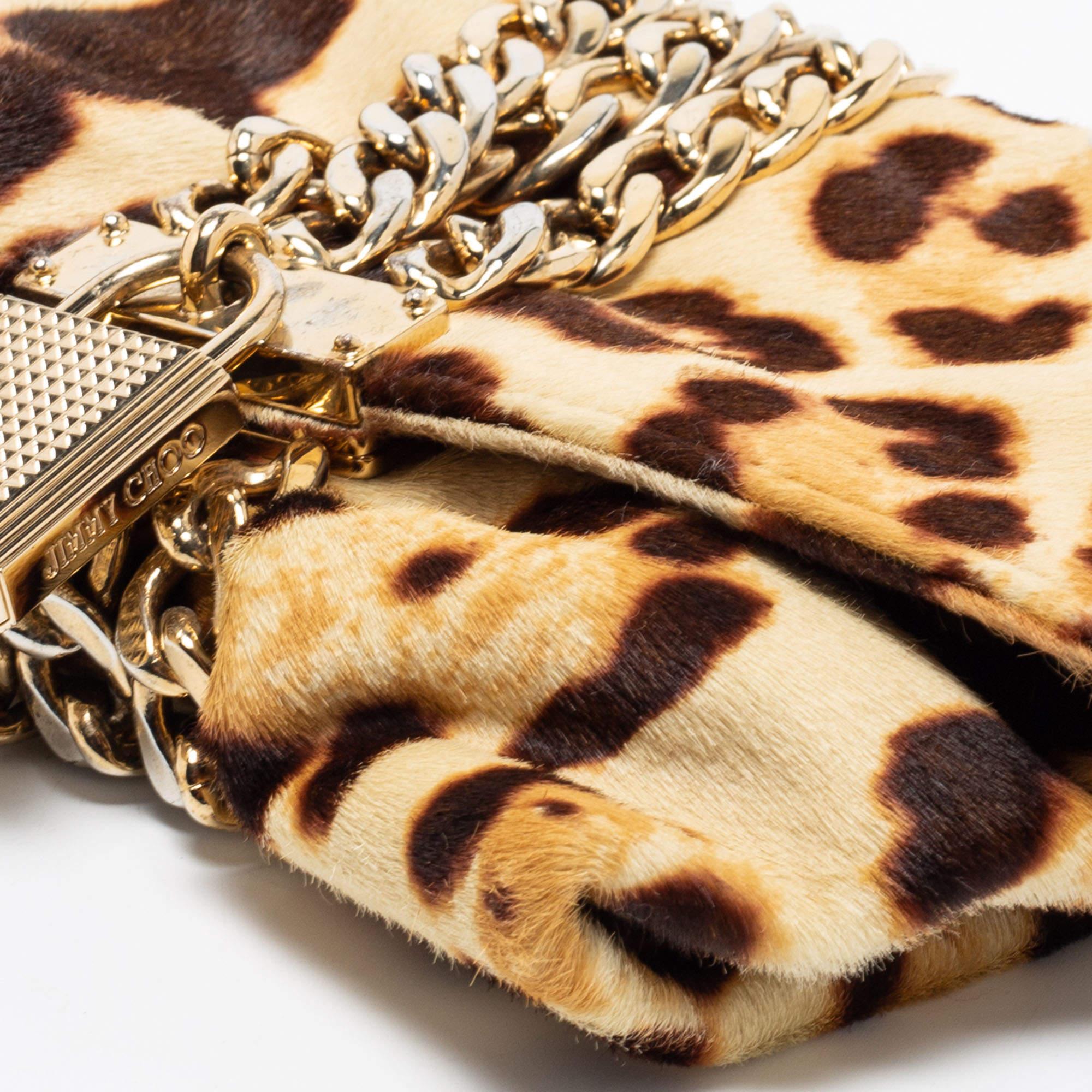 Jimmy Choo Beige/Brown Leopard Print Calf hair Chandra Clutch For Sale 4