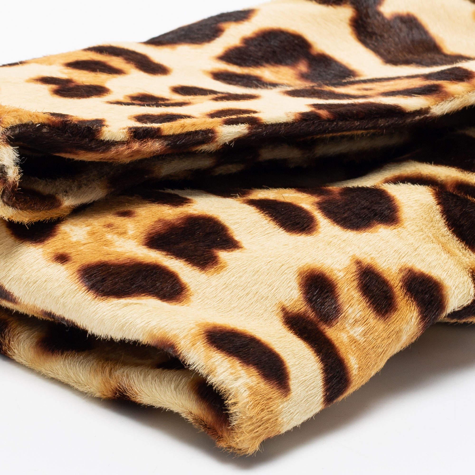 Jimmy Choo Beige/Brown Leopard Print Calf hair Chandra Clutch For Sale 5