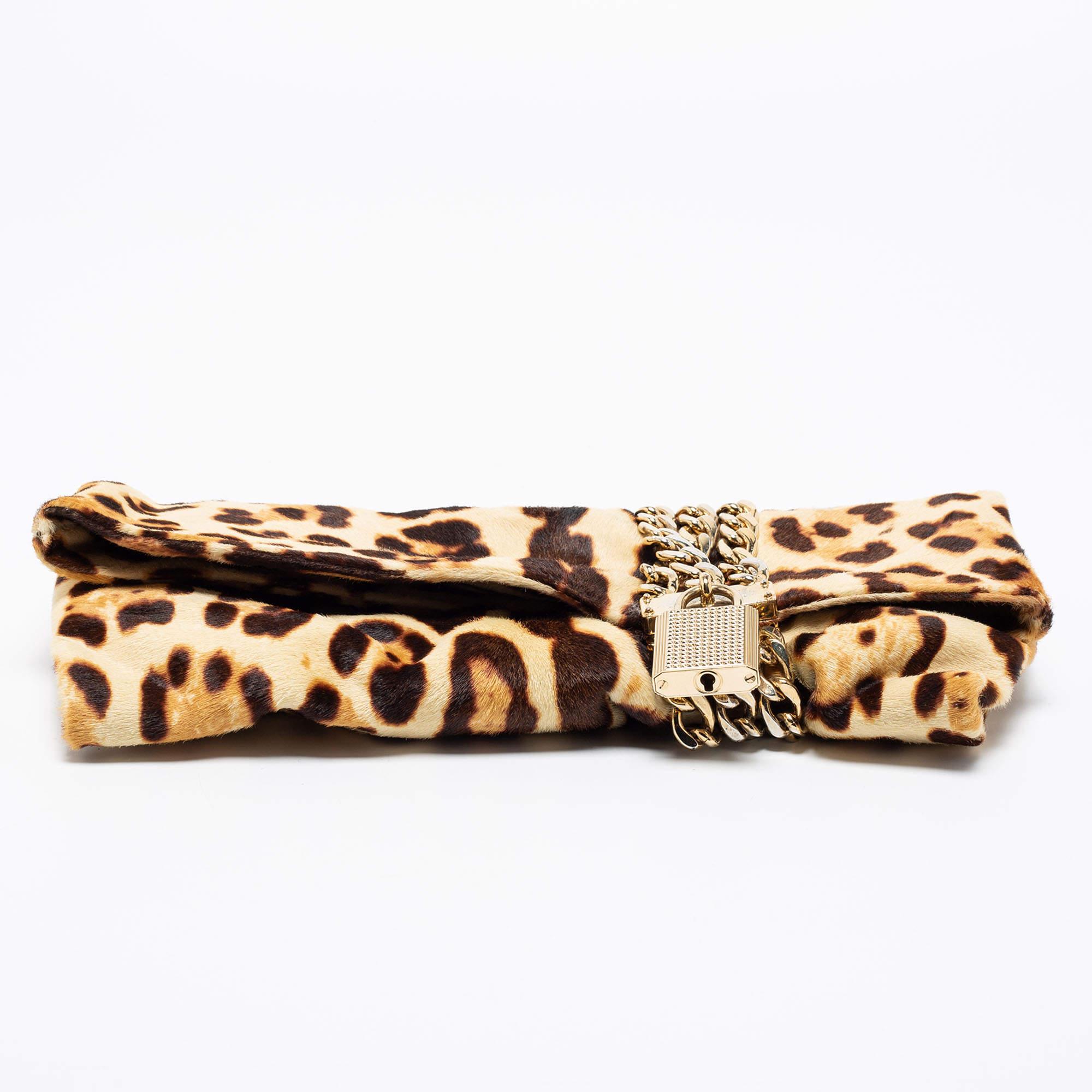 Jimmy Choo Beige/Brown Leopard Print Calf hair Chandra Clutch In Good Condition For Sale In Dubai, Al Qouz 2