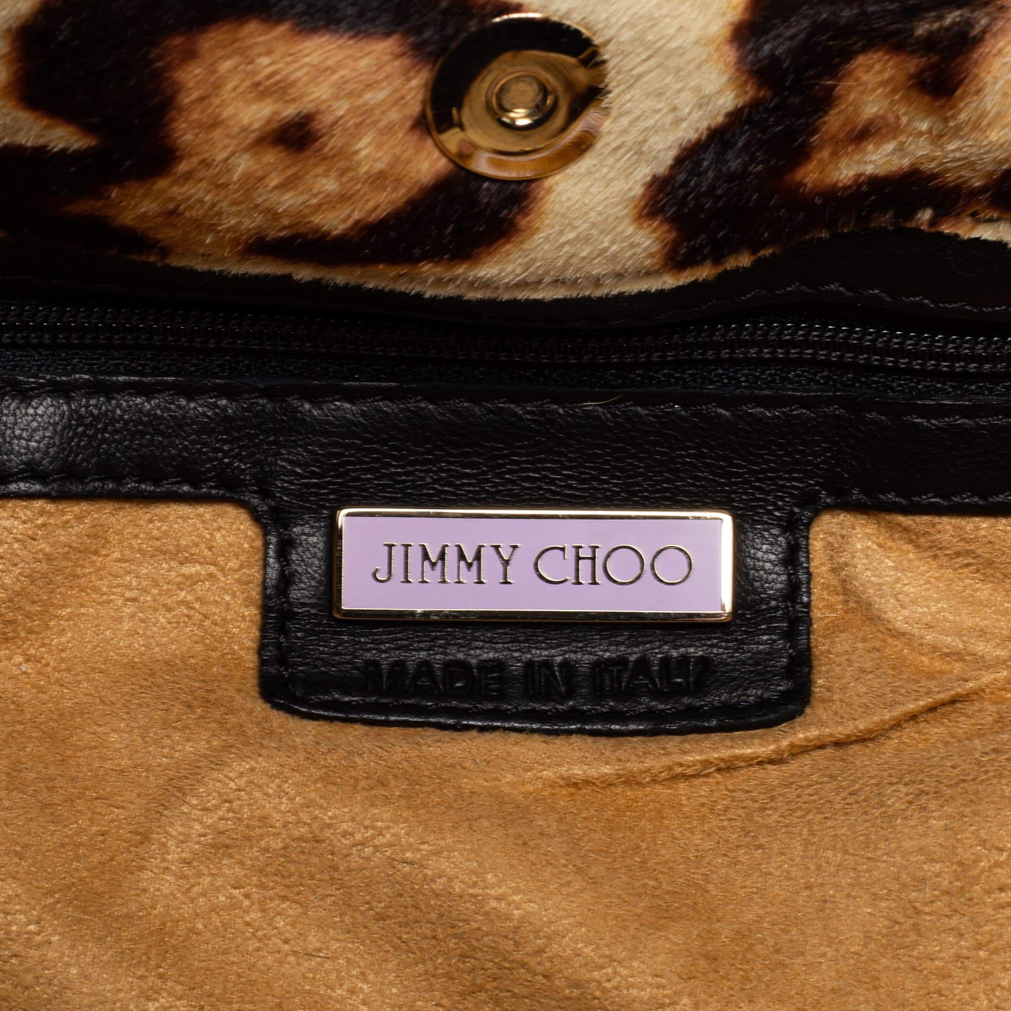 Jimmy Choo Beige/Brown Leopard Print Calf hair Chandra Clutch For Sale 1