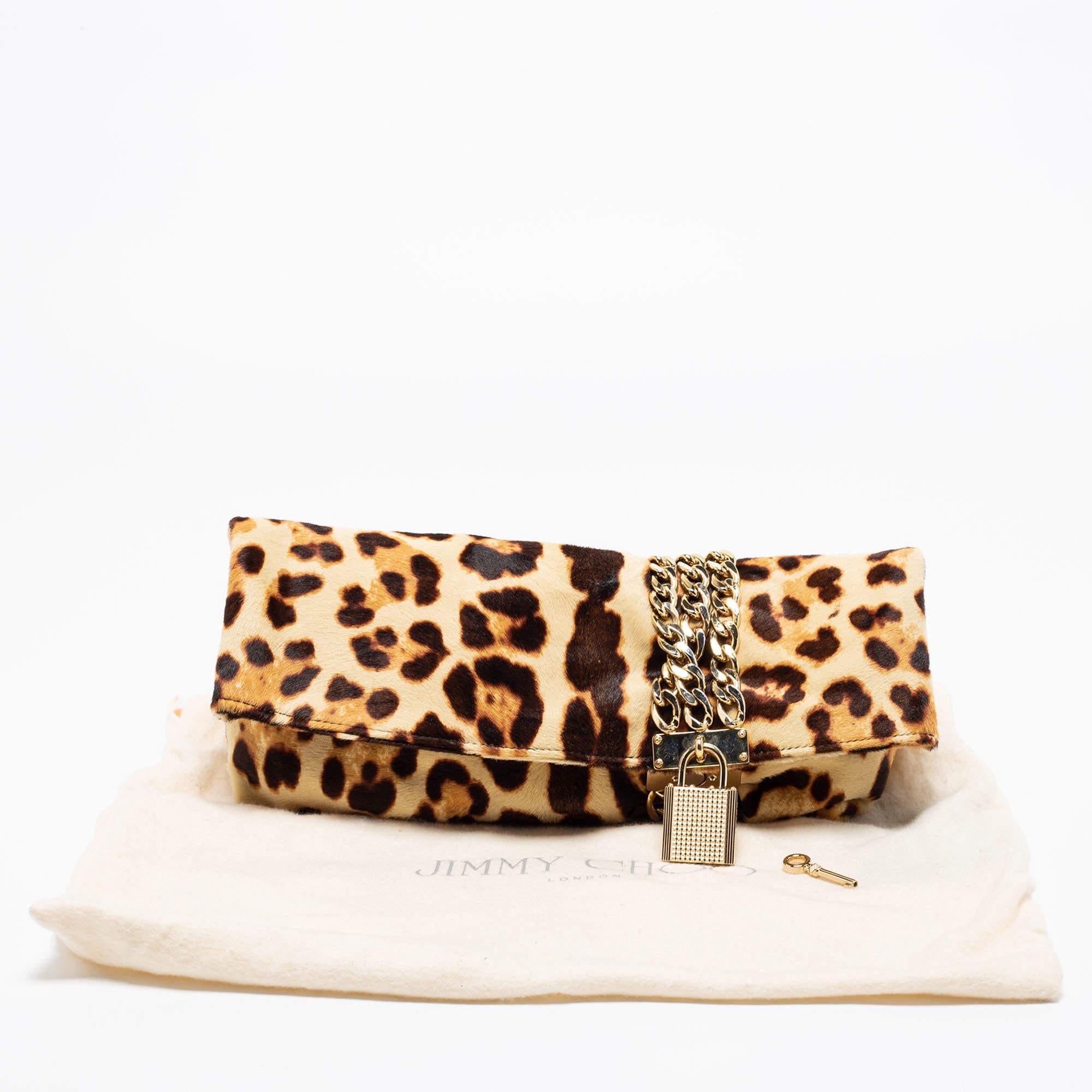 Jimmy Choo Beige/Brown Leopard Print Calf hair Chandra Clutch For Sale 3