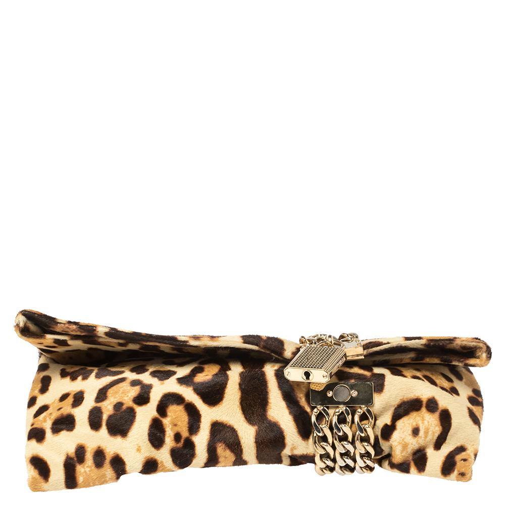 Jimmy Choo Chandra Clutch aus Kalbshaar mit Leopardenmuster in Beige/Braun 1