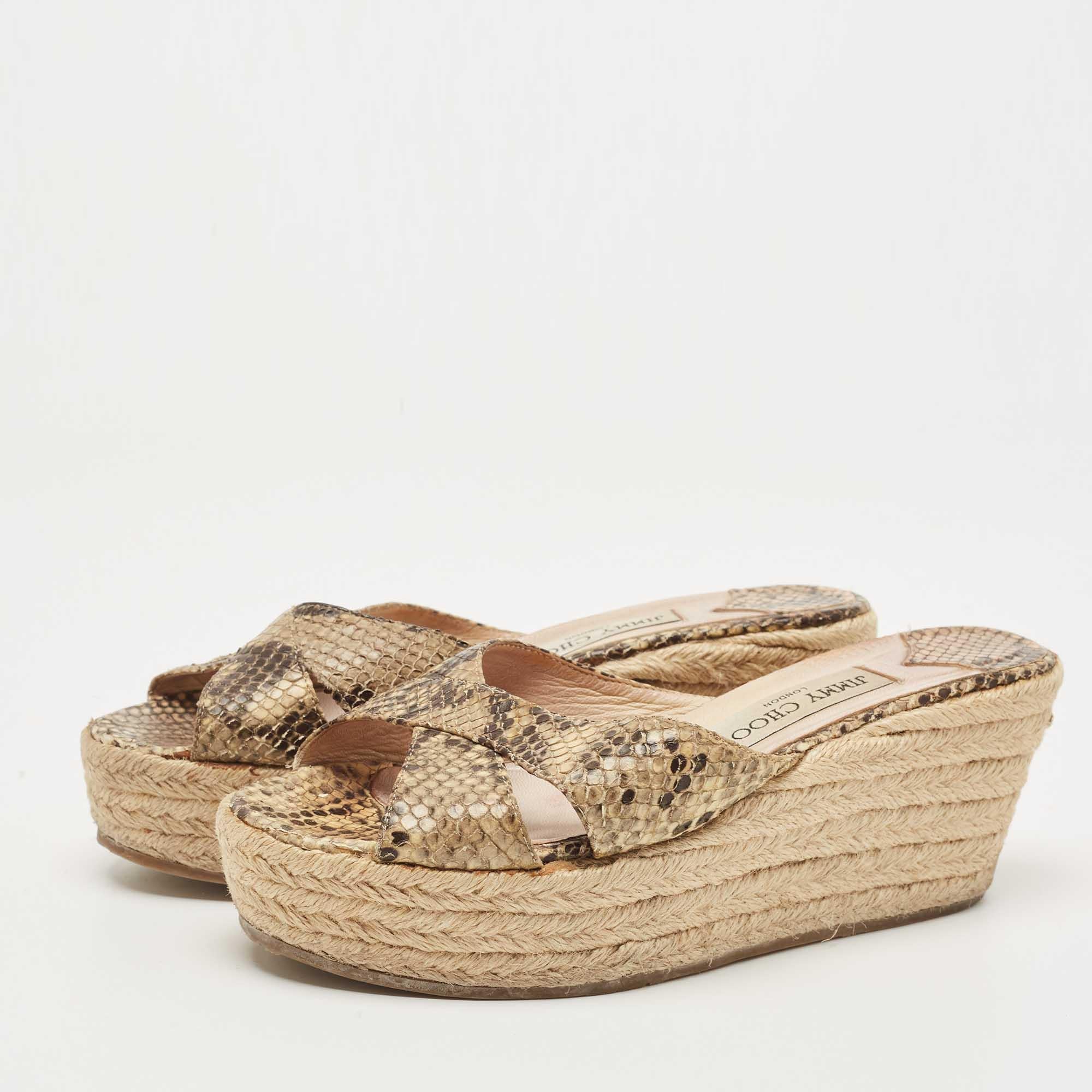 Jimmy Choo Beige/Brown Python Embossed Leather Phyllis Wedge Espadrille Slide Sa In Good Condition For Sale In Dubai, Al Qouz 2