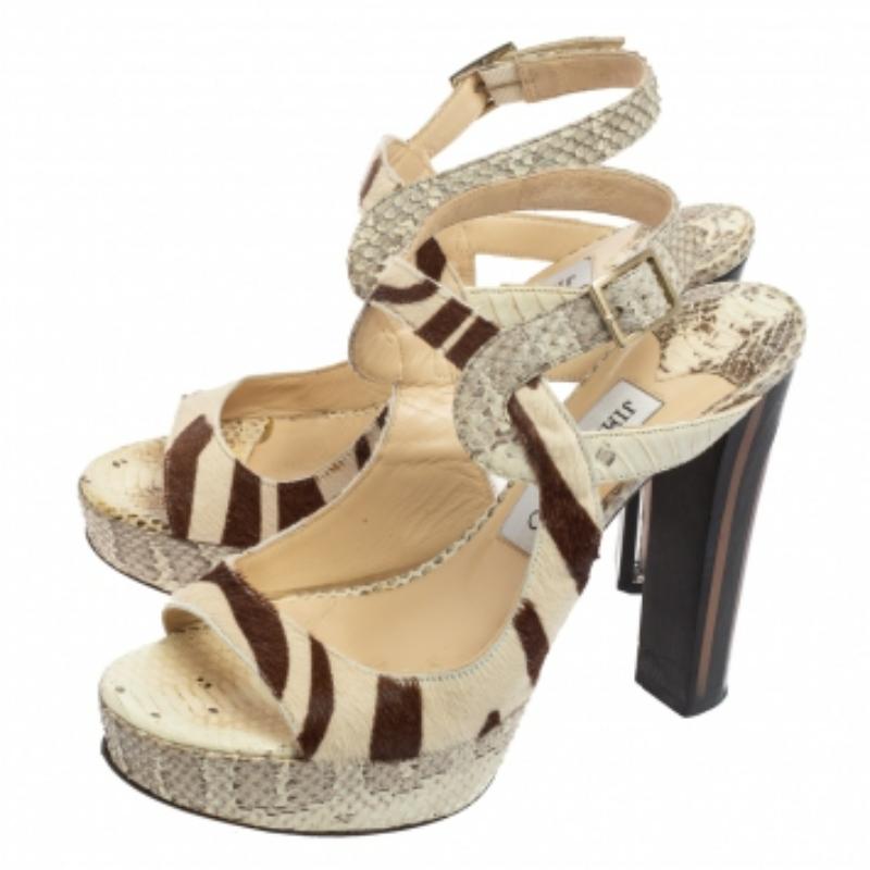 Women's Jimmy Choo Beige/Brown Python Leather & Pony Hair Ankle Strap Sandals Size 36.5 For Sale