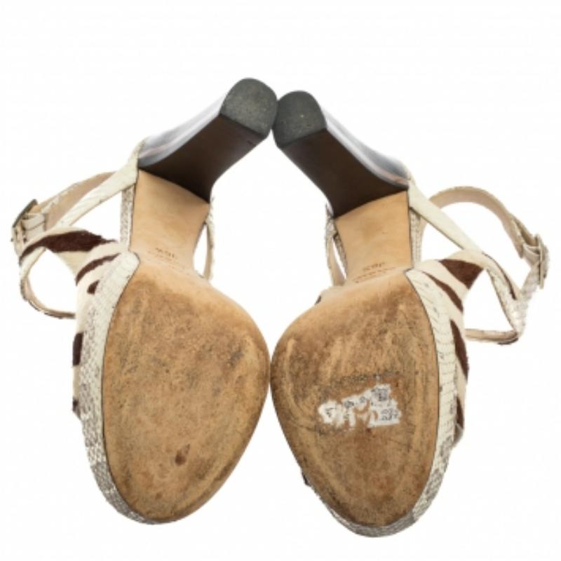 Jimmy Choo Beige/Brown Python Leather & Pony Hair Ankle Strap Sandals Size 36.5 For Sale 3