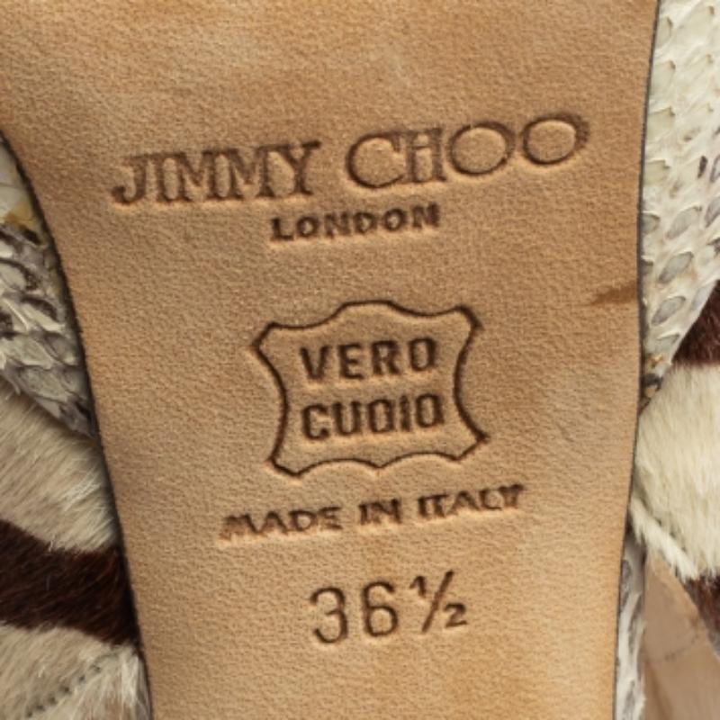 Jimmy Choo Beige/Brown Python Leather & Pony Hair Ankle Strap Sandals Size 36.5 For Sale 4