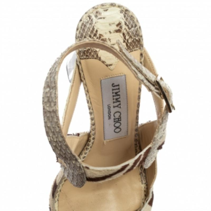 Jimmy Choo Beige/Brown Python Leather & Pony Hair Ankle Strap Sandals Size 36.5 For Sale 5