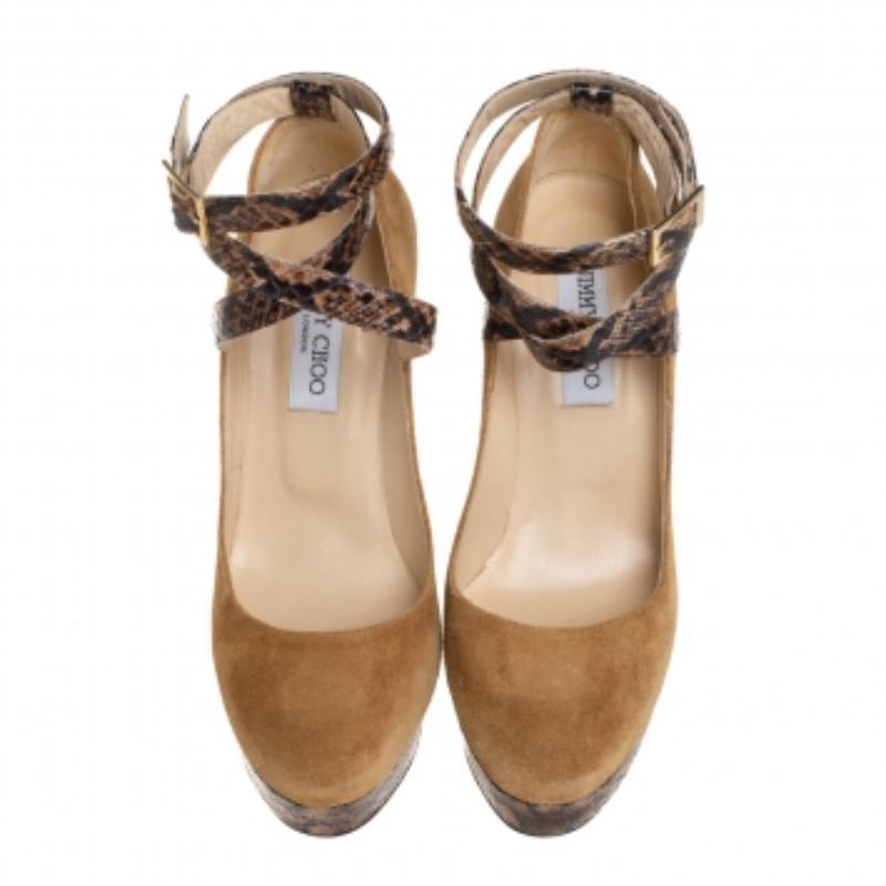 Jimmy Choo Beige/Brown Suede And Python Ankle Strap Platform Pumps Size 39 In Good Condition For Sale In Dubai, Al Qouz 2