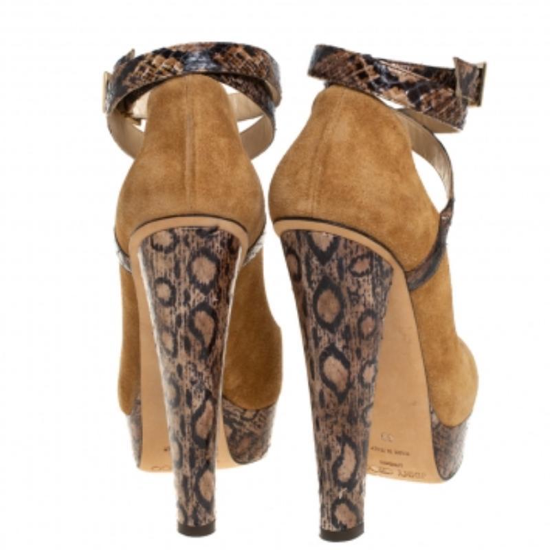 Jimmy Choo Beige/Brown Suede And Python Ankle Strap Platform Pumps Size 39 For Sale 2