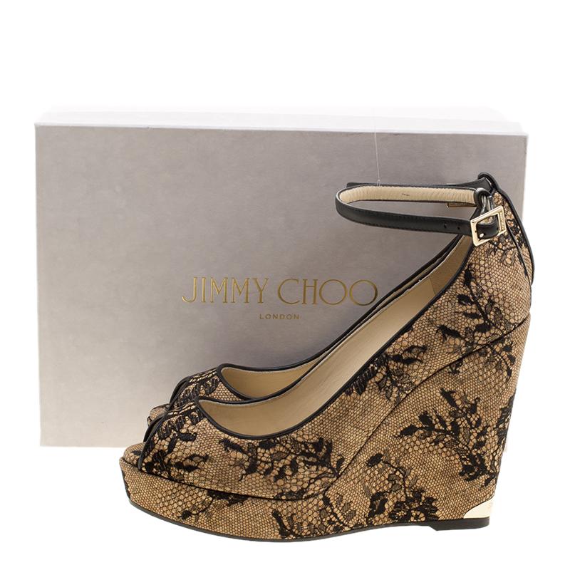 Jimmy Choo Beige Cork and Lace Pacific Peep Toe Ankle Strap Wedge Pumps Size 41 4