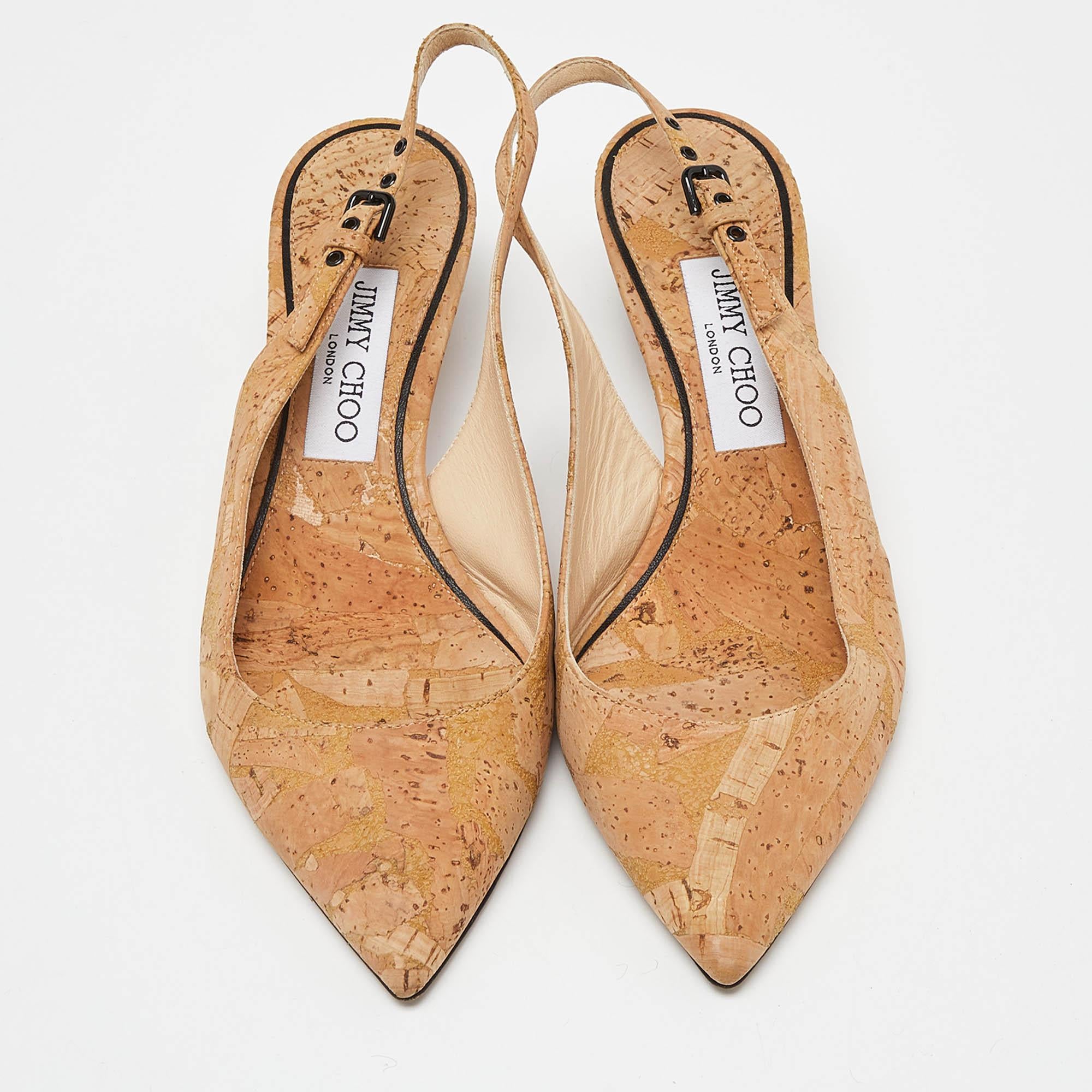 Jimmy Choo Beige Cork Slingback Pumps Size 37.5 In Good Condition In Dubai, Al Qouz 2