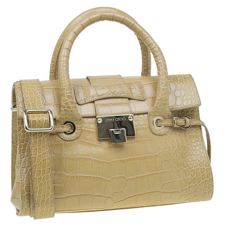 Jimmy Choo Beige Croc Embossed Leather Small Rosalie Top Handle Bag For