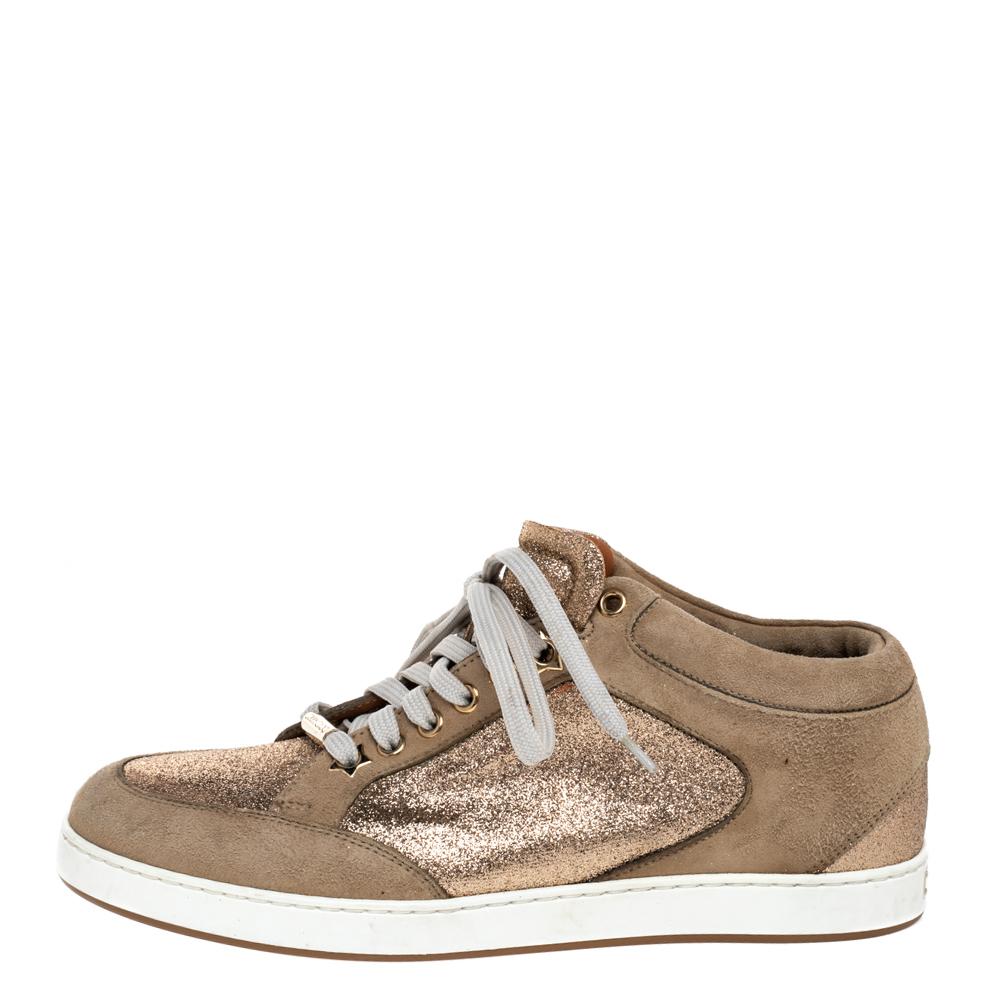 Who says sneakers cannot have a touch of glamour? These Jimmy Choo Miami sneakers are brilliantly crafted from suede and detailed with lace-ups and glitter. They are set on comfortable rubber soles and make a great pair to dresses and skirts