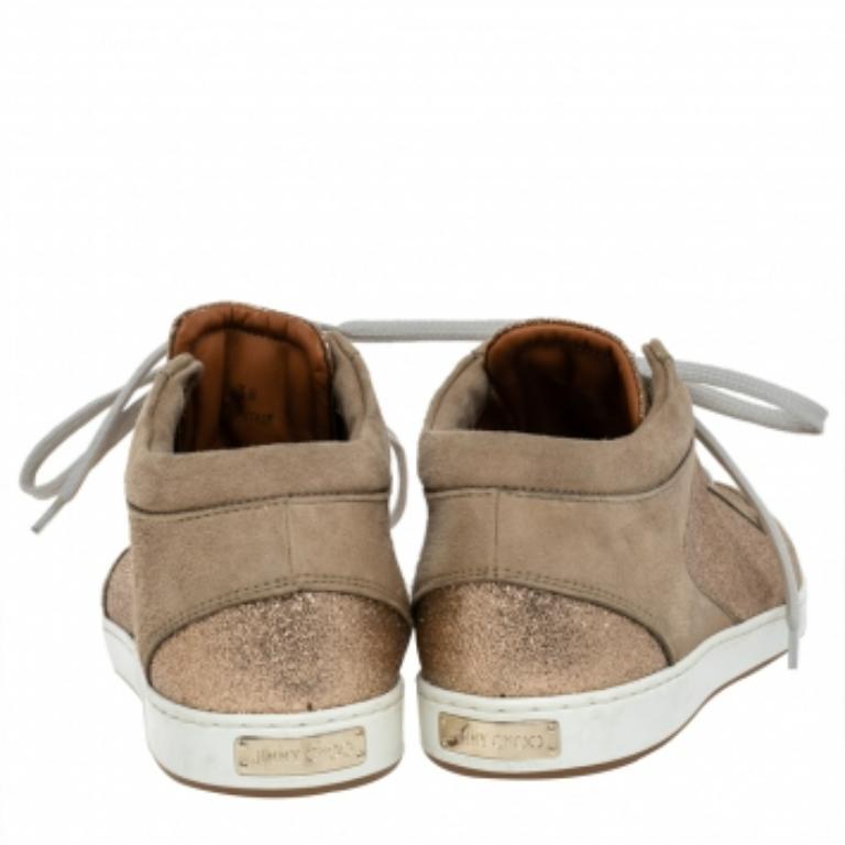 Jimmy Choo Beige Glitter And Suede Miami Lace Up Sneakers Size 38 Pour femmes en vente