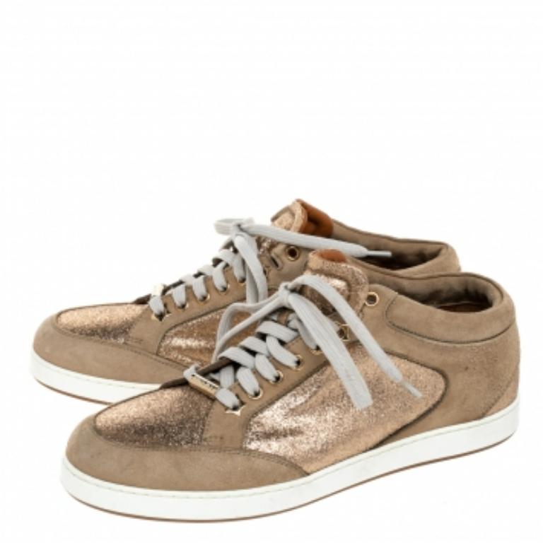 Jimmy Choo Beige Glitter And Suede Miami Lace Up Sneakers Size 38 en vente 2