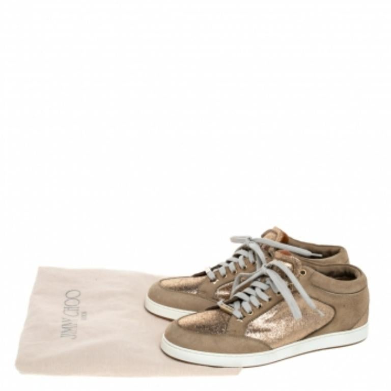 Jimmy Choo Beige Glitter And Suede Miami Lace Up Sneakers Size 38 en vente 3