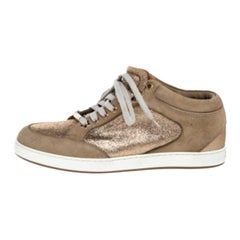 Jimmy Choo Beige Glitter And Suede Miami Lace Up Sneakers Size 38