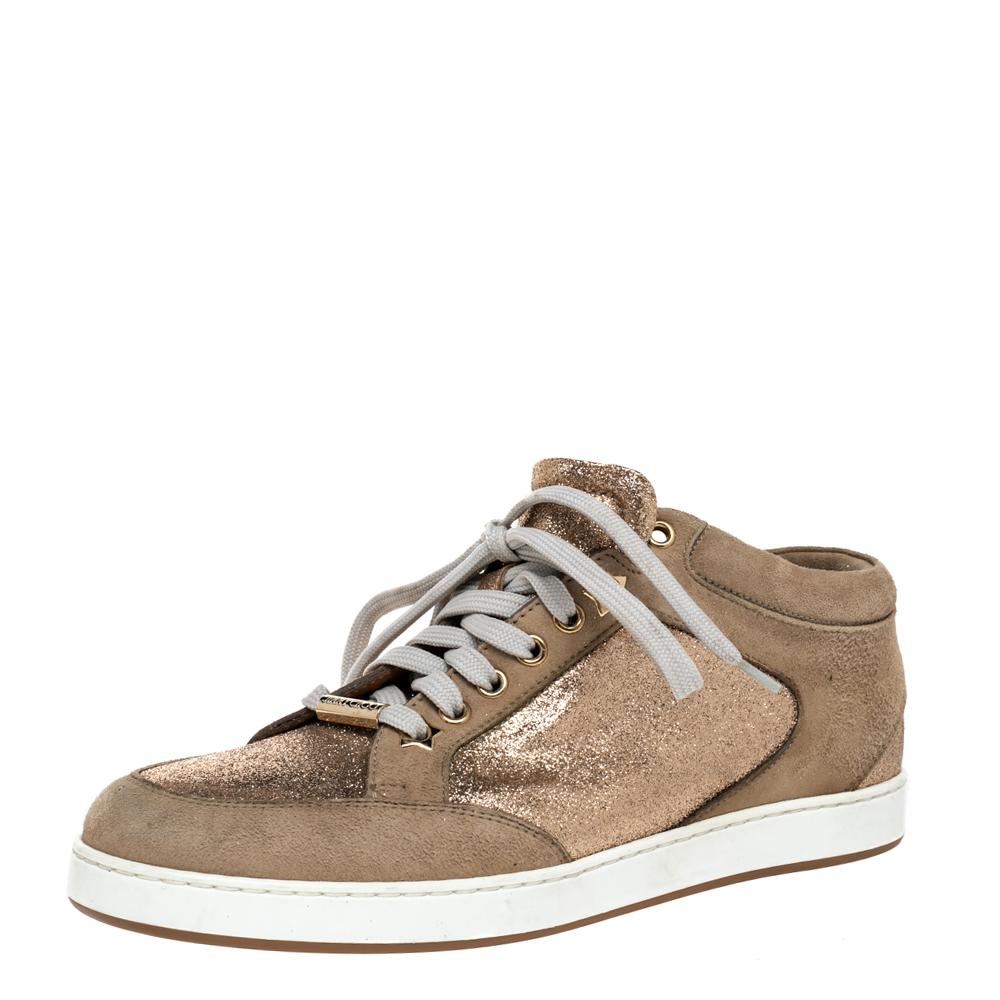 Jimmy Choo Beige Glitter And Suede Miami Lace Up Sneakers Size 38 For Sale