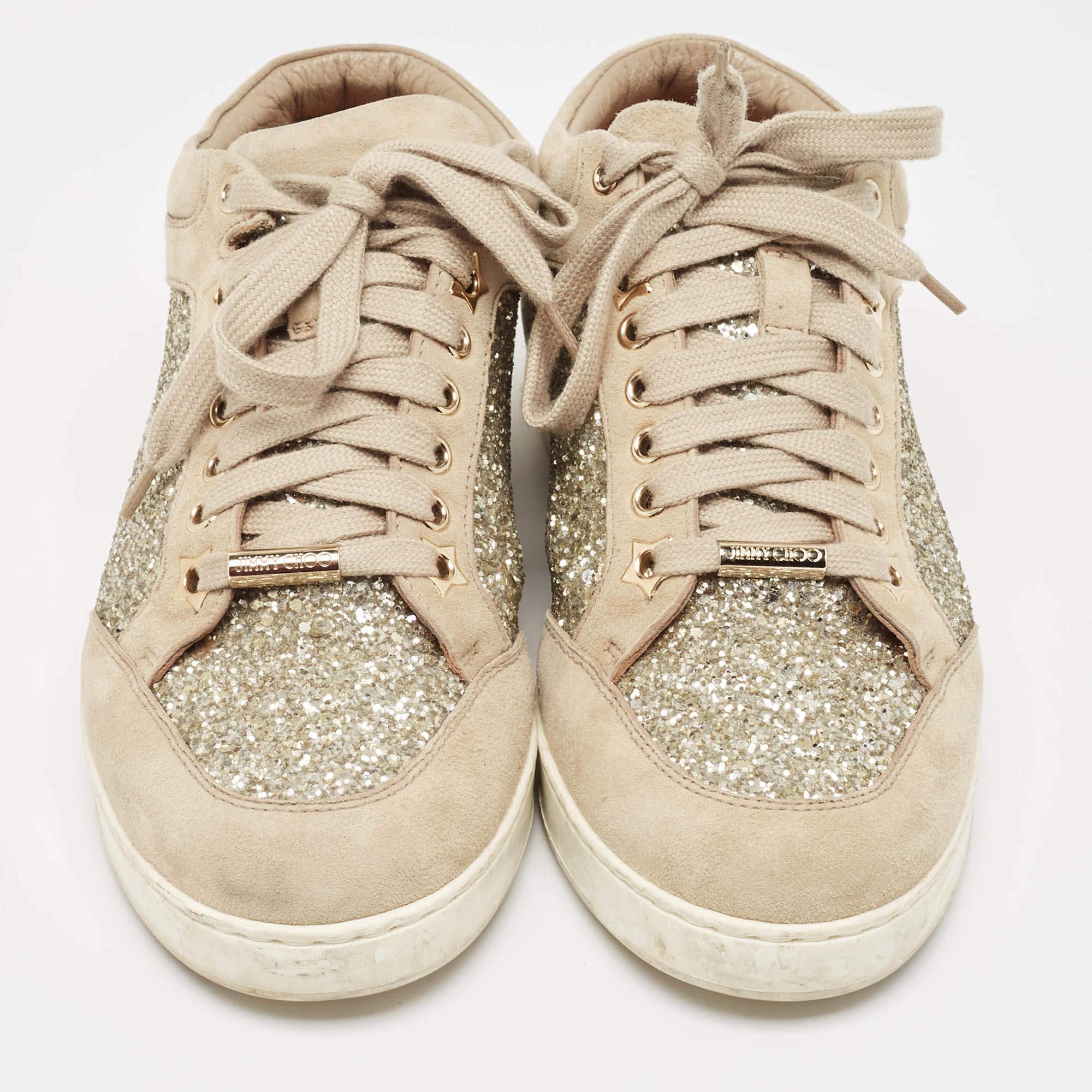 Jimmy Choo Beige Glitter and Suede Miami Sneakers Size 36 In Good Condition For Sale In Dubai, Al Qouz 2