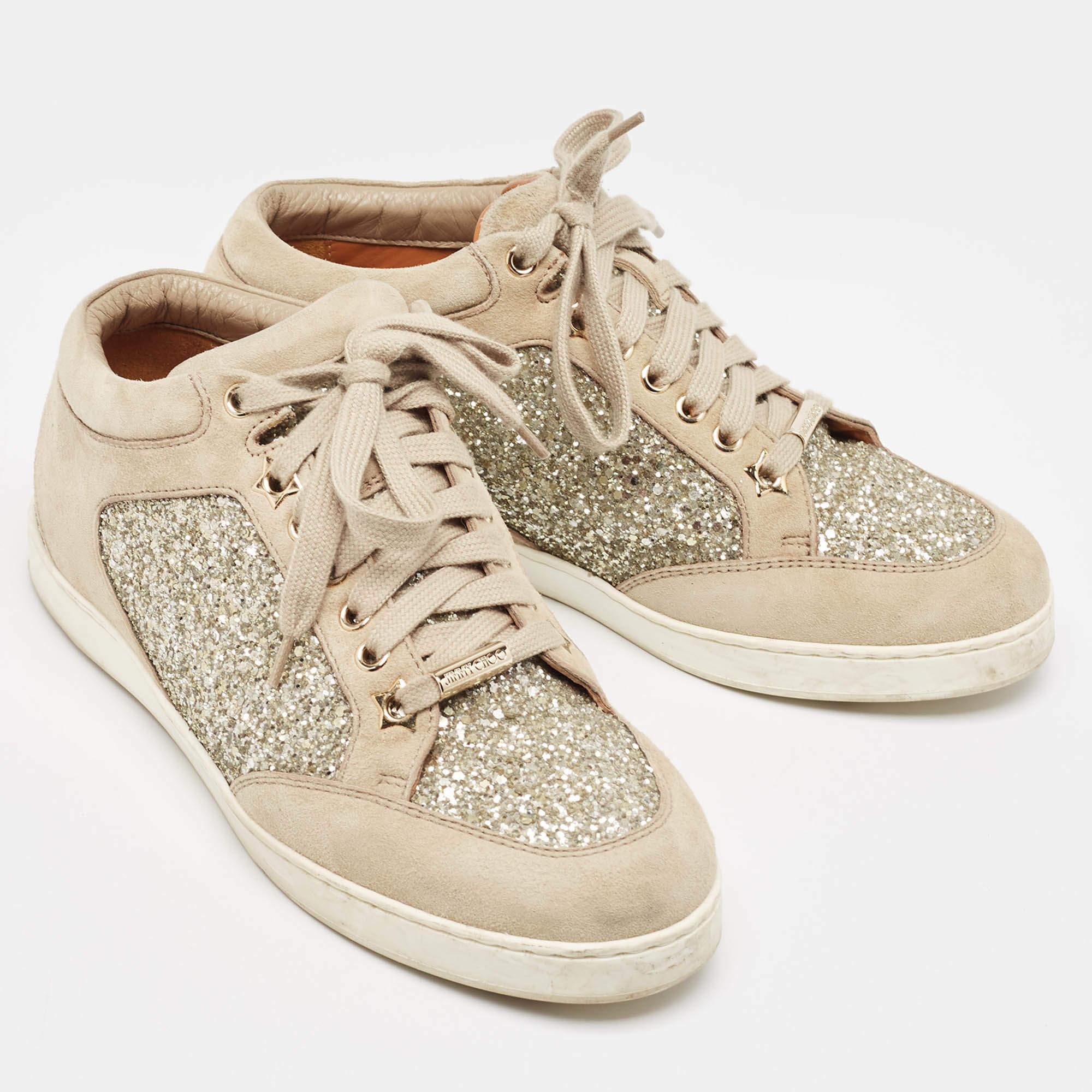 Women's Jimmy Choo Beige Glitter and Suede Miami Sneakers Size 36 For Sale