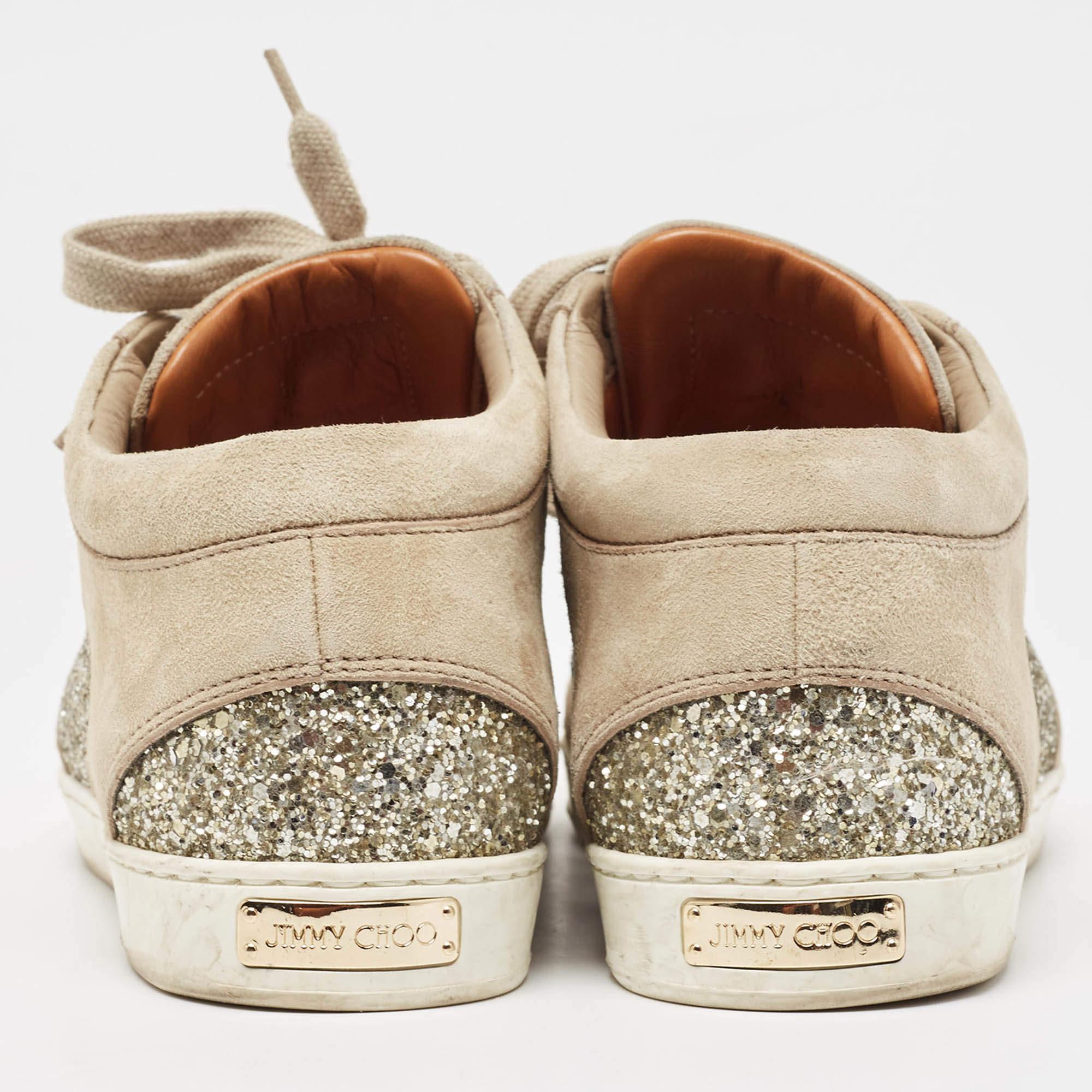 Jimmy Choo Beige Glitter and Suede Miami Sneakers Size 36 For Sale 1