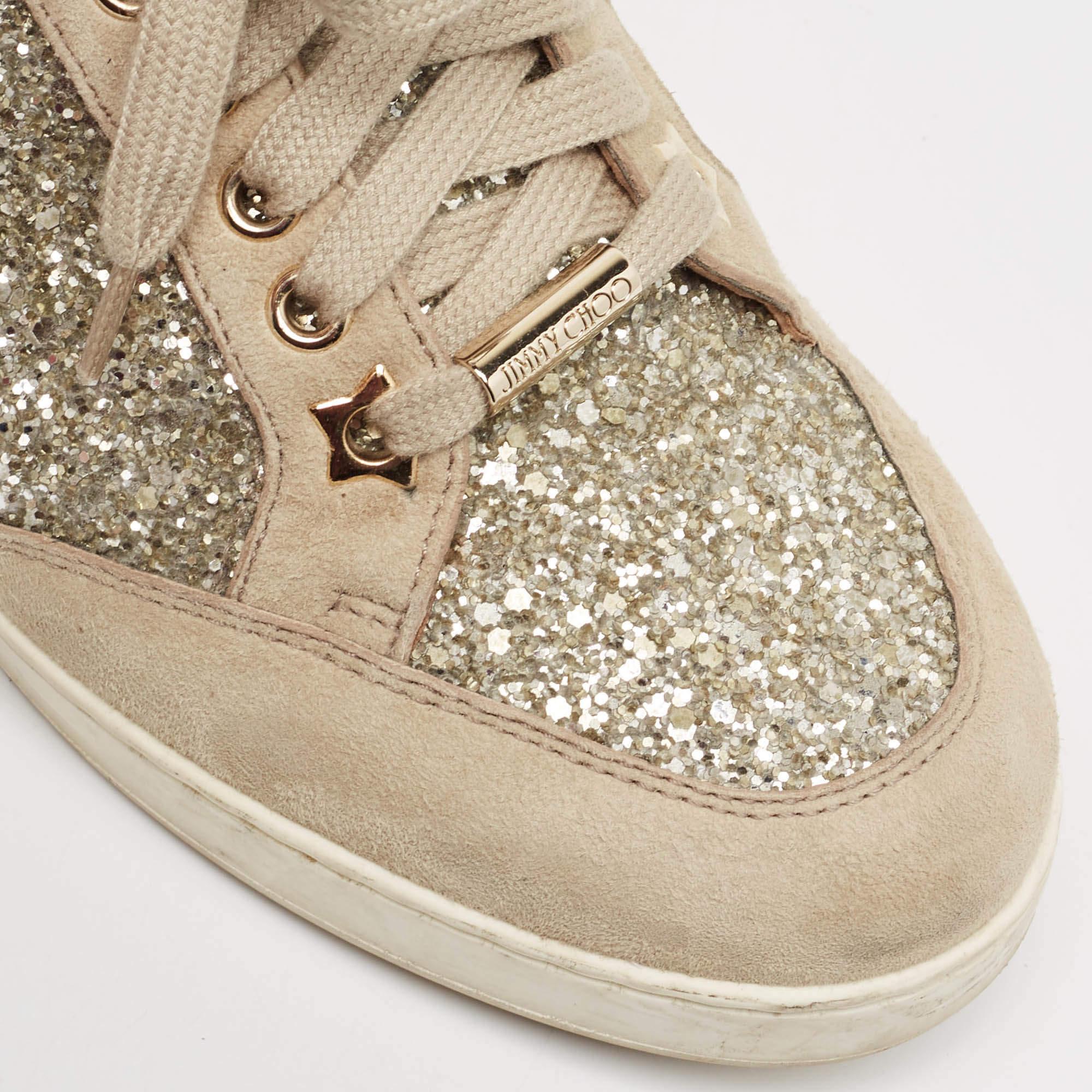 Jimmy Choo Beige Glitter and Suede Miami Sneakers Size 36 For Sale 3