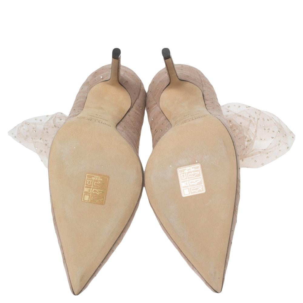 Jimmy Choo Beige Glittered Mesh And Suede Lavish 100 Pointed Toe Pumps Size 38 In New Condition In Dubai, Al Qouz 2