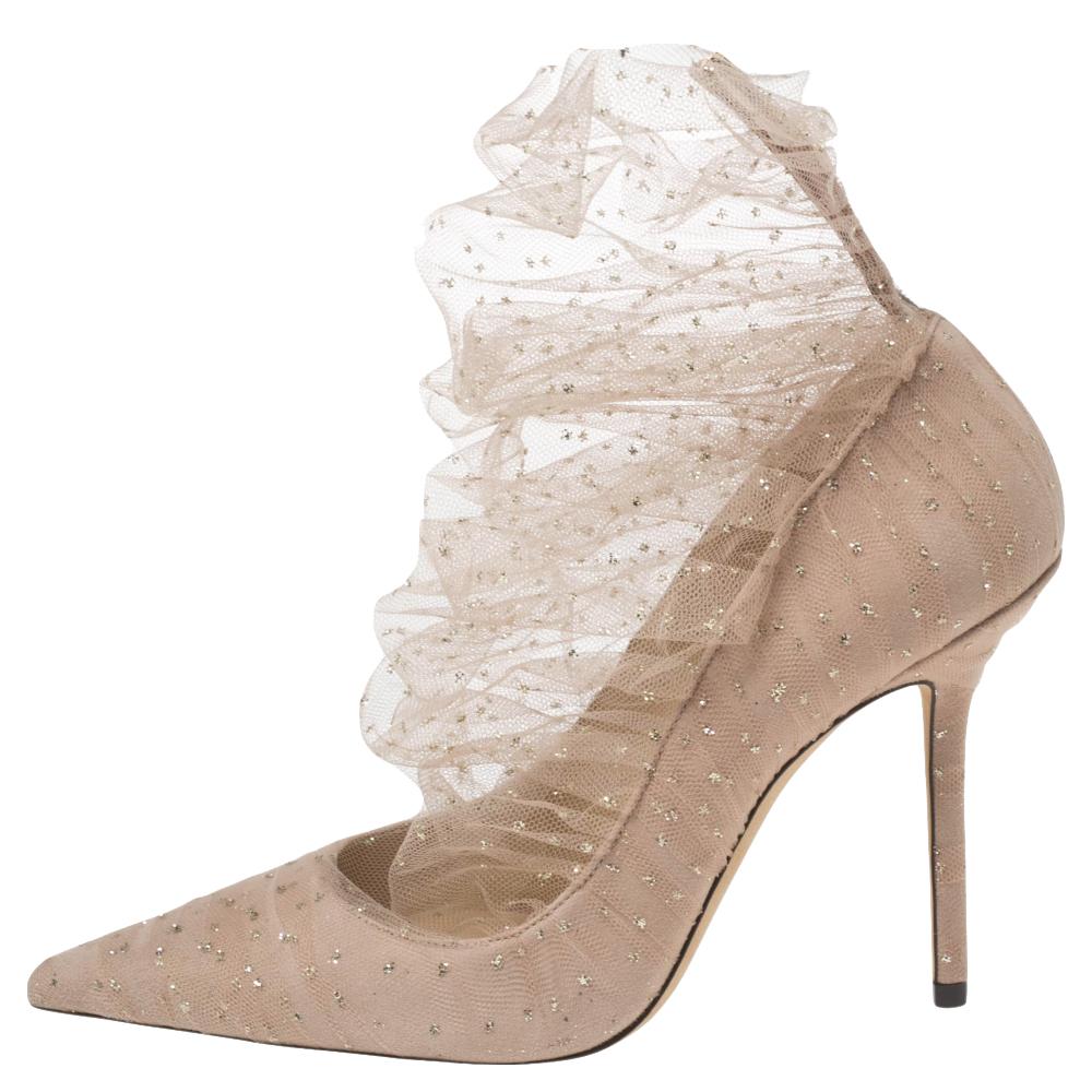 Women's Jimmy Choo Beige Glittered Mesh And Suede Lavish 100 Pointed Toe Pumps Size 38