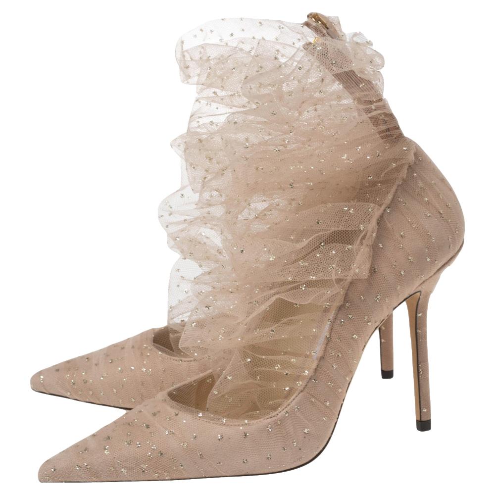 Jimmy Choo Beige Glittered Mesh And Suede Lavish 100 Pointed Toe Pumps Size 38 2