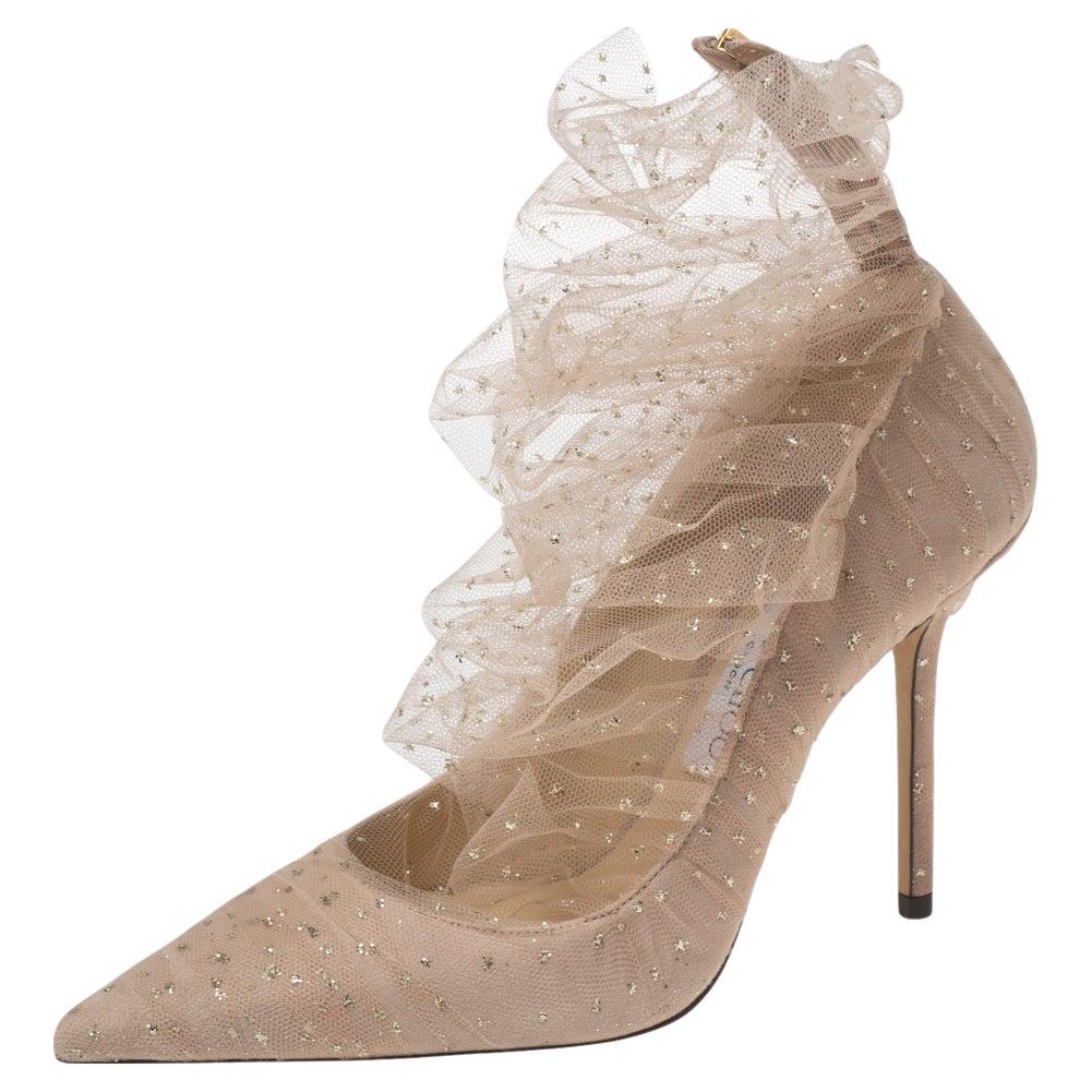 Jimmy Choo Beige Glittered Mesh And Suede Lavish 100 Pointed Toe Pumps Size 38