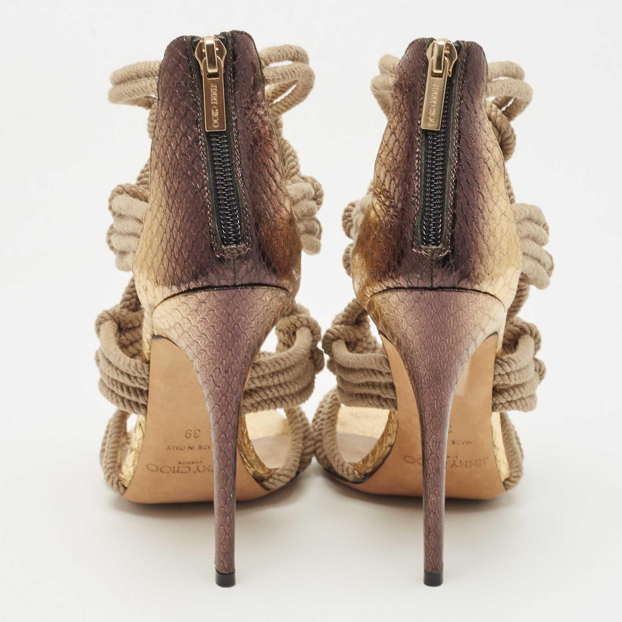 Brown Jimmy Choo Beige/Gold Knotted Rope and Embossed Snakeskin Sandals Size 39
