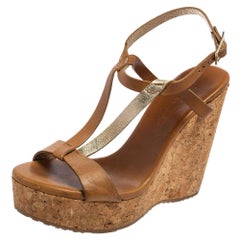 Jimmy Choo Beige/Gold Leather Strappy Cork Wedge Sandals Size 38.5