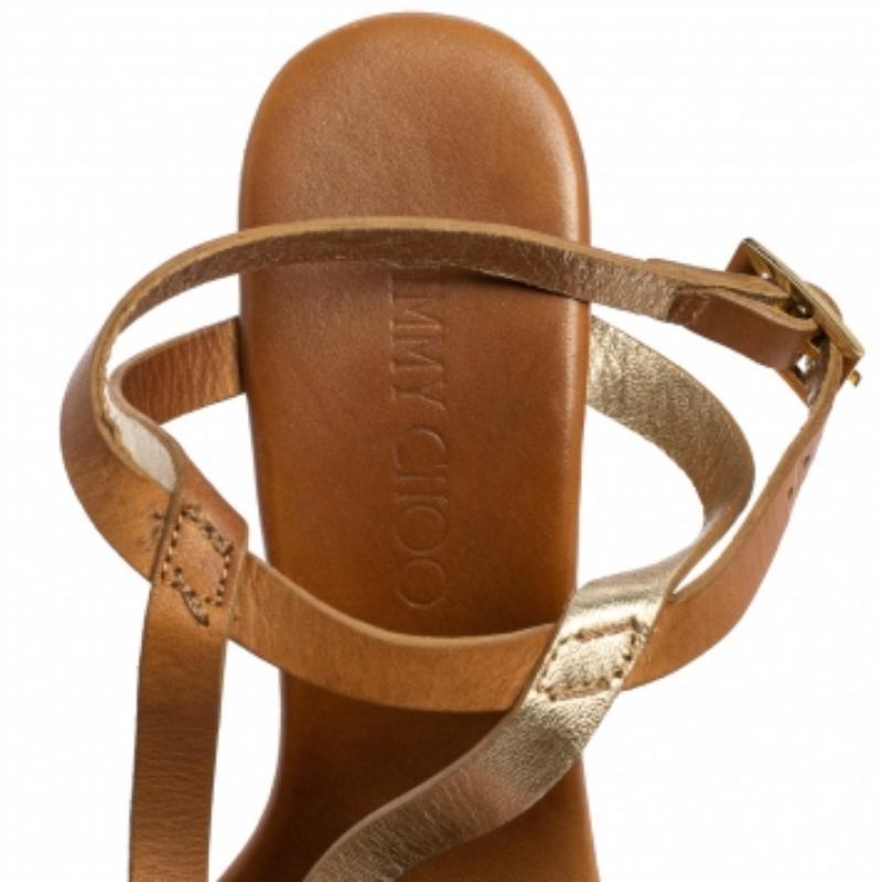  Jimmy Choo - Sandales compensées à lanières en cuir beige/or, taille 38,5 Pour femmes 