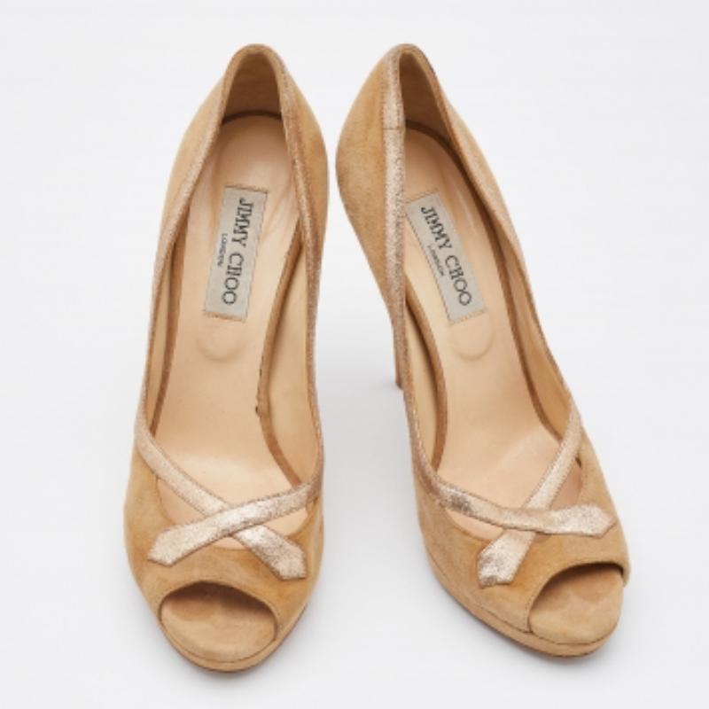 Brown Jimmy Choo Beige/Gold Suede and Leather Open Toe Pumps Size 39.5 For Sale