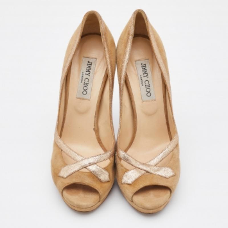 Women's Jimmy Choo Beige/Gold Suede and Leather Open Toe Pumps Size 39.5 For Sale