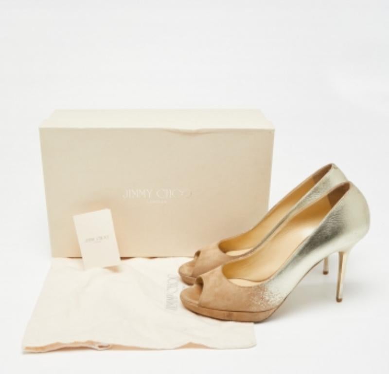 Jimmy Choo Beige/Gold Suede and Leather Peep-Toe Platform Pumps Size 37.5 For Sale 6