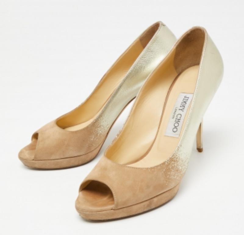 Women's Jimmy Choo Beige/Gold Suede and Leather Peep-Toe Platform Pumps Size 37.5 For Sale