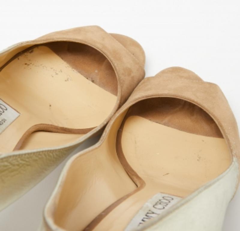 Jimmy Choo Beige/Gold Suede and Leather Peep-Toe Platform Pumps Size 37.5 For Sale 1